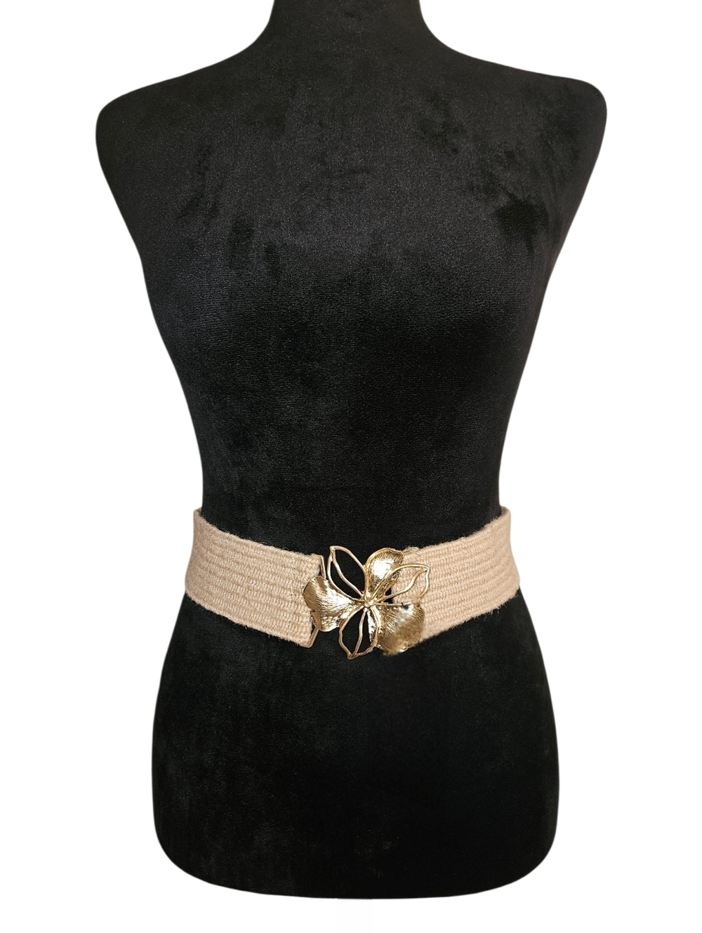 Women's Bohemian Beige Strecth Waist Belt with Gold Floral Buckle Size S NEW